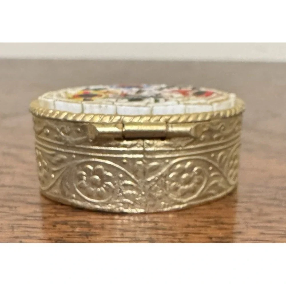 Vintage Italian Micro Mosaic Floral Pill Trinket Hinged Box Gold Frame 1.25